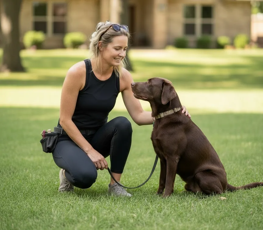 Jena Newman owner and head dog trainer at Newman's kneeling in a front yard, rewarding a chocolate lab during an in home dog training session