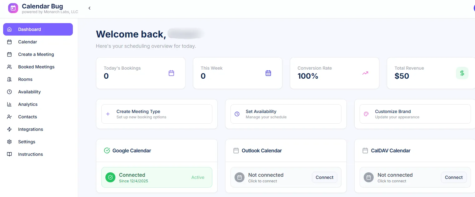 Image of the CalendarBug.com daskboard