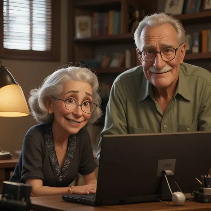 An elderly grandparent attentively looking at a computer screen while a grandchild guides them through the process.