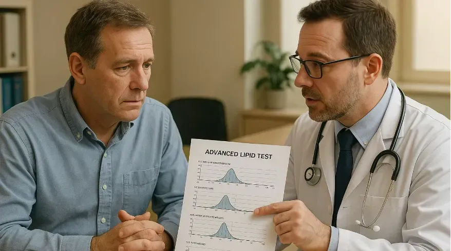 A middle‑aged adult sitting with a clinician, reviewing an advanced lipid test report showing particle-size charts