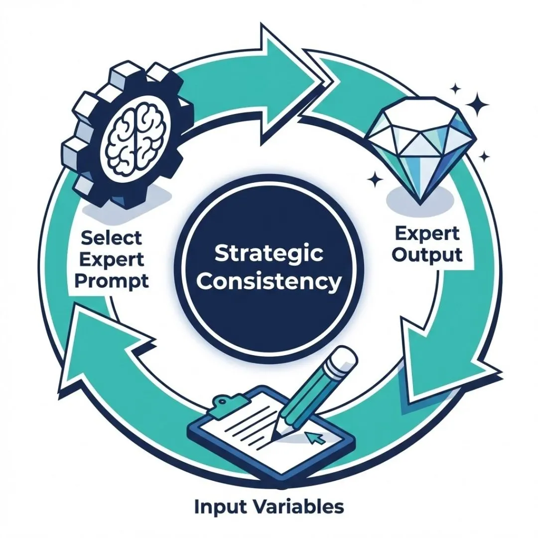 Three-step diagram showing the workflow of using structured AI prompts for consistent quality.