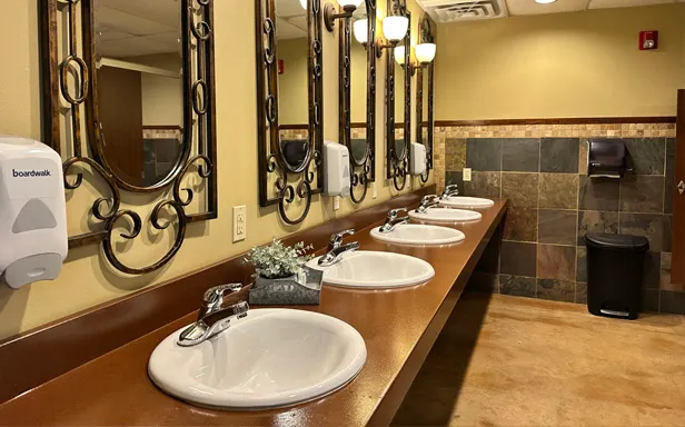 metal countertops in public restroom