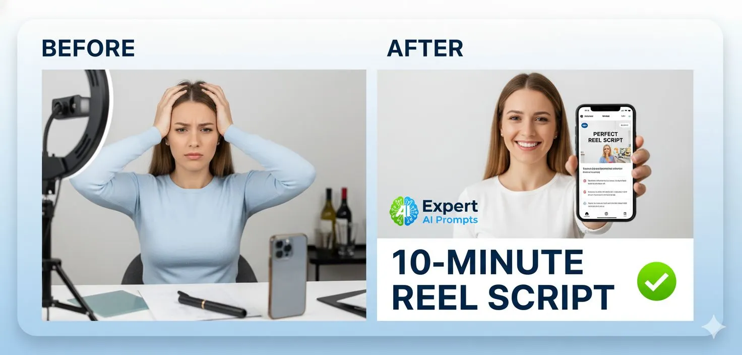 A smartphone displaying a perfectly scripted reel next to the Expert AI Prompts logo.