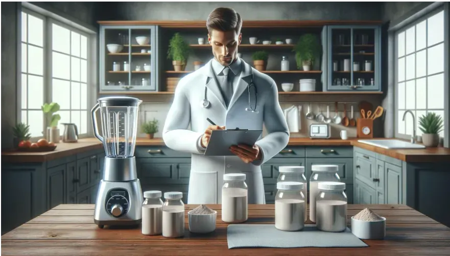 A man in a lab coat with a blender and various protein powders on a table in front of him.