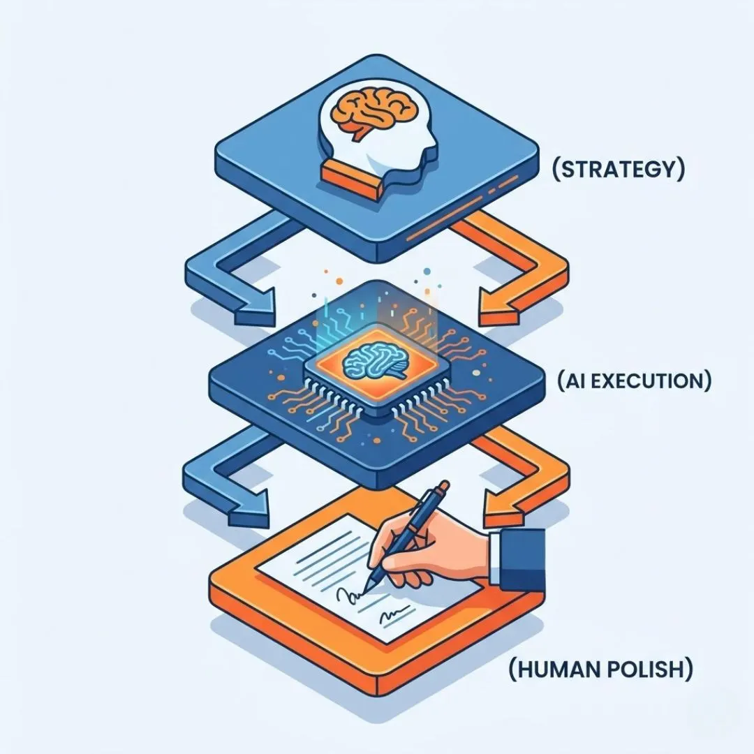 Illustration of the Human Sandwich method: Human strategy, AI execution, and Human polish.