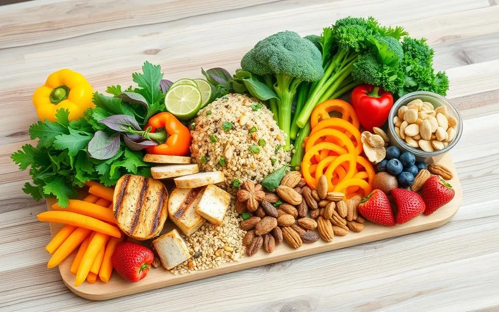 A vibrant arrangement of colorful diabetic-friendly foods on a wooden table, featuring fresh vegetables like leafy greens, bell peppers, and broccoli, alongside lean proteins such as grilled chicken and tofu. Include wholesome