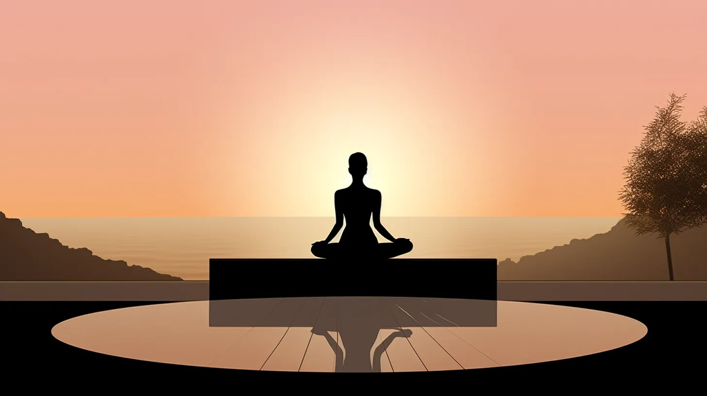 serene Zen garden, with a silhouette of a person in a complex yoga pose on a mat, under a pastel sunrise