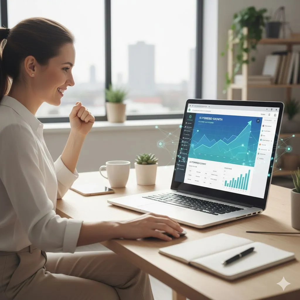 An e-commerce business owner using AI marketing automation on their laptop to analyze a positive sales growth chart for their online store.