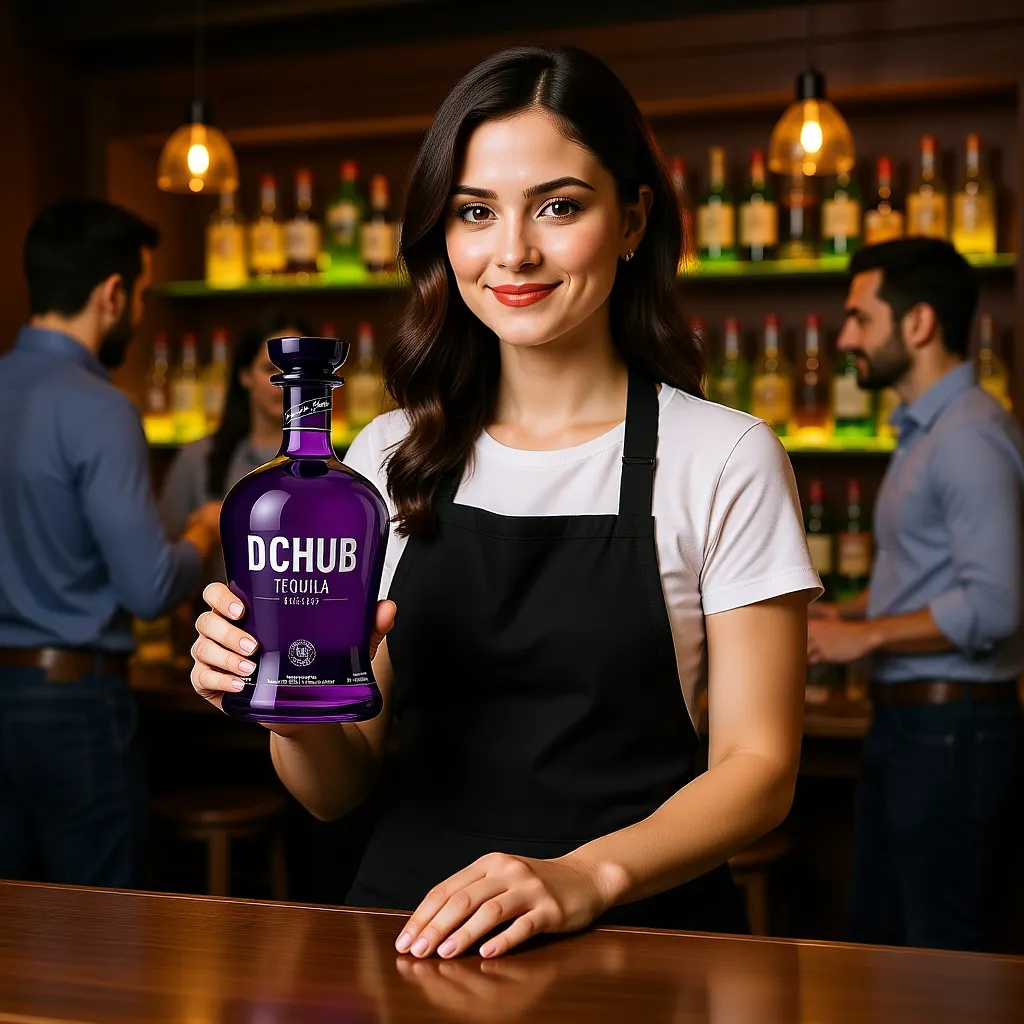 White female bartender holding a liquor bottle