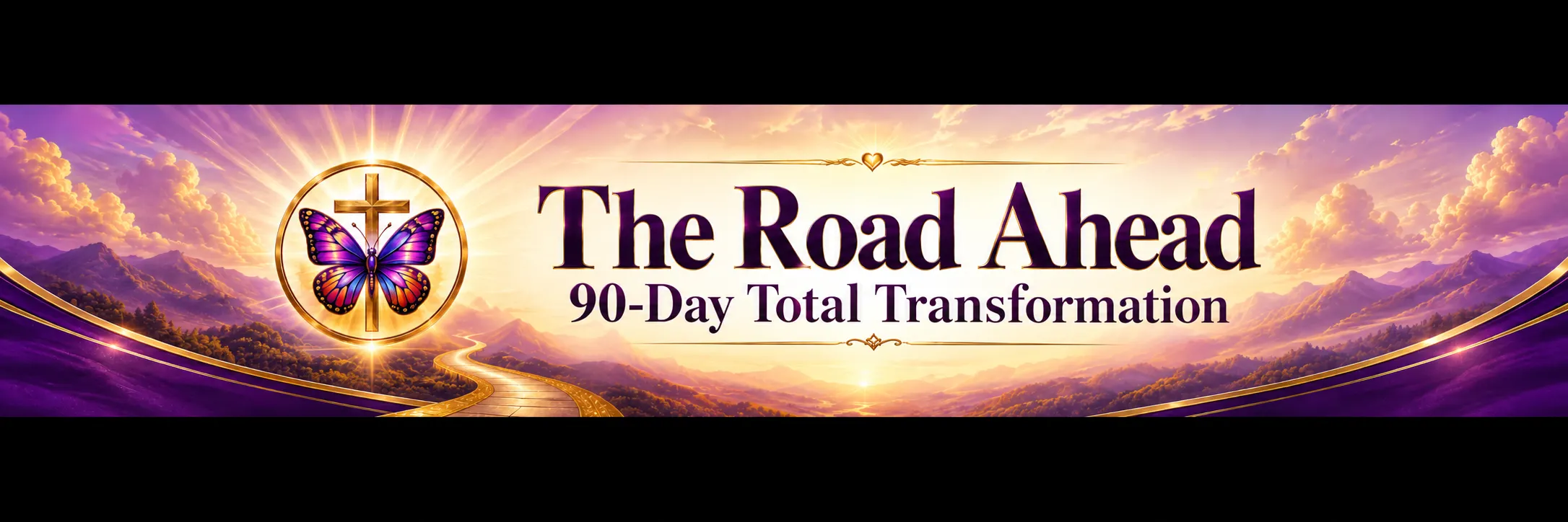 Wide purple-and-gold 90-Day Total Transformation banner showing a radiant sunrise over layered mountains, with a glowing golden road winding toward the horizon. A colorful butterfly rests over a gold cross inside a circular emblem on the left. Large text reads ‘The Road Ahead,’ with ‘90-Day Total Transformation’ below.