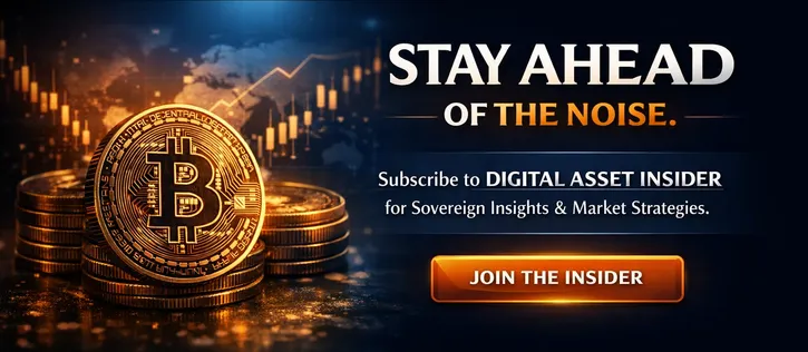 Banner image promoting Digital Asset Insider. Left side shows stacked Bitcoin coins and glowing candlestick chart. Right side displays bold text ‘Stay Ahead of the Noise’ and a glowing orange button labeled ‘Join the Insider’.