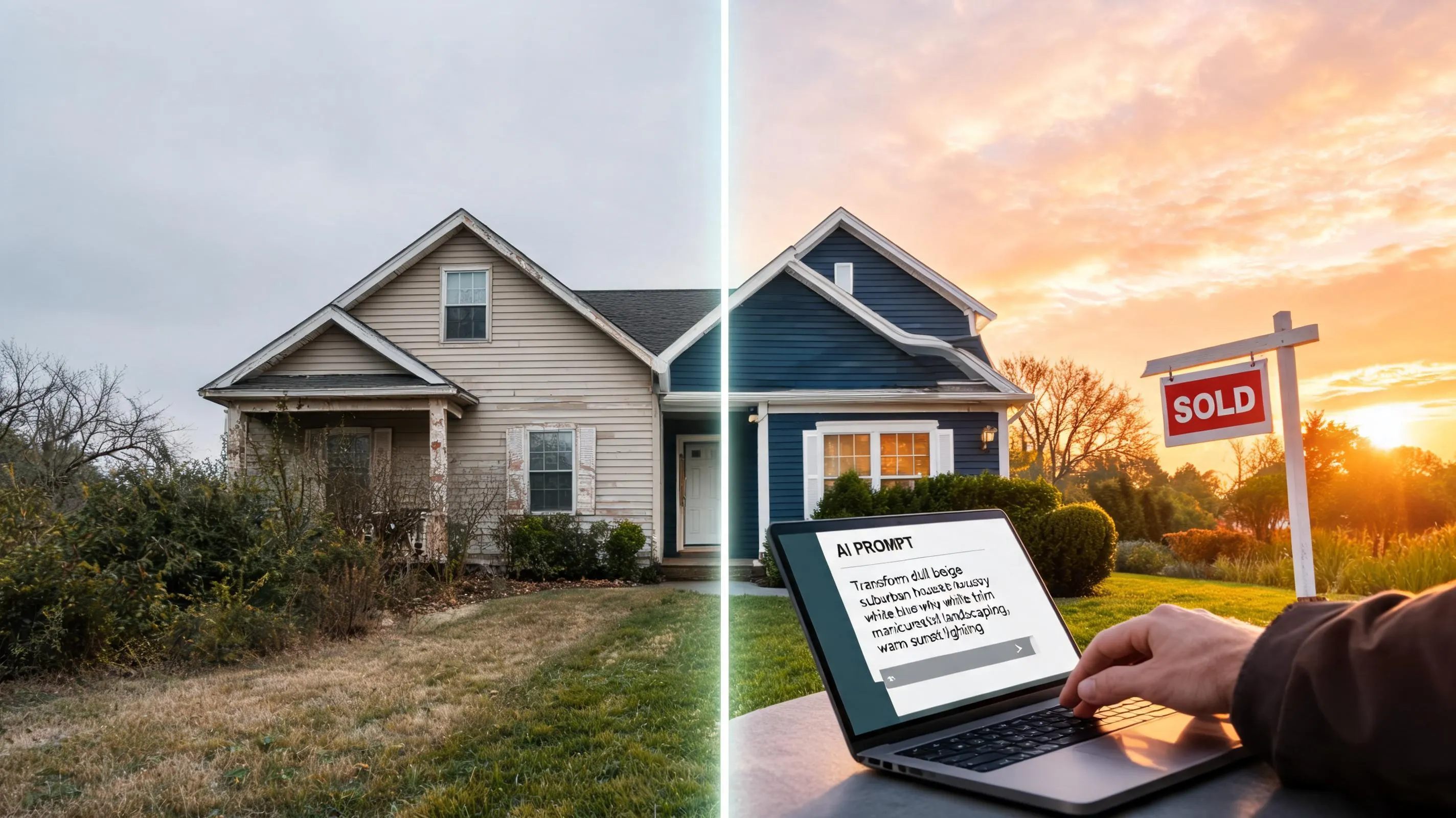 Split screen before and after AI property transformation image showing dull house exterior versus stunning AI-generated renovation visual for contractor sales