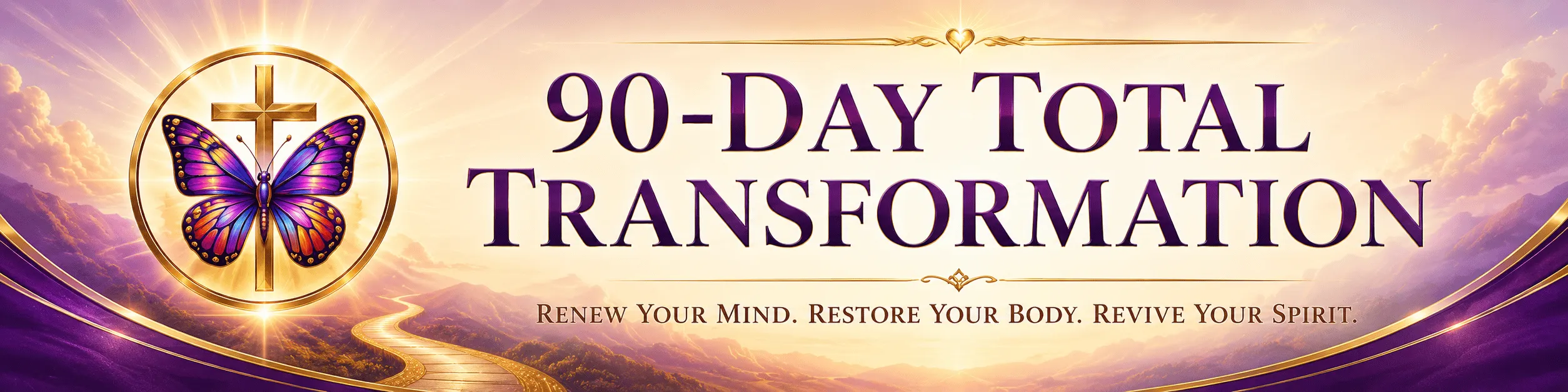 Wide faith-centered banner for the 90-Day Total Transformation program set against a luminous sunrise landscape in soft gold, lavender, and purple. Large elegant purple lettering across the center reads “90-Day Total Transformation.” Beneath it, the program’s three-part message reads: “Renew Your Mind. Restore Your Body. Revive Your Spirit.”  On the left, a radiant gold Christian cross rises behind a vivid purple, violet, orange, and gold butterfly, both enclosed within a glowing circular emblem. The butterfly and cross symbolize transformation grounded in Christian faith. Rays of golden light spread outward from the emblem and across the sky.  Below the title, a winding golden road travels through purple mountain valleys toward a brilliant sunrise on the horizon, visually representing a guided journey of growth, restoration, renewed purpose, and forward progress. Flowing purple-and-gold accents frame the lower corners, giving the banner a polished, uplifting appearance. Overall, the design presents the 90-Day Total Transformation as a faith-centered journey to renew the mind, restore the body, and revive the spirit.