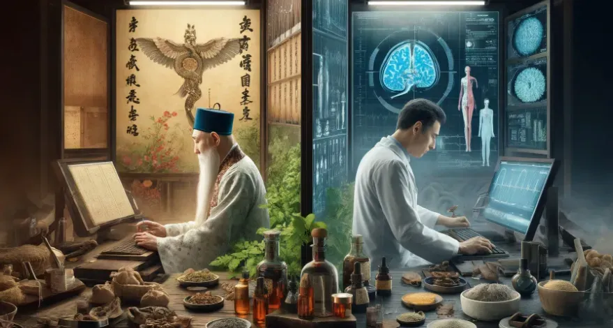 A split-image showing one side depicting a traditional Chinese medicine practitioner with ancient scrolls and the other side a modern scientist viewing acupuncture effects on a computer displaying brain scans.