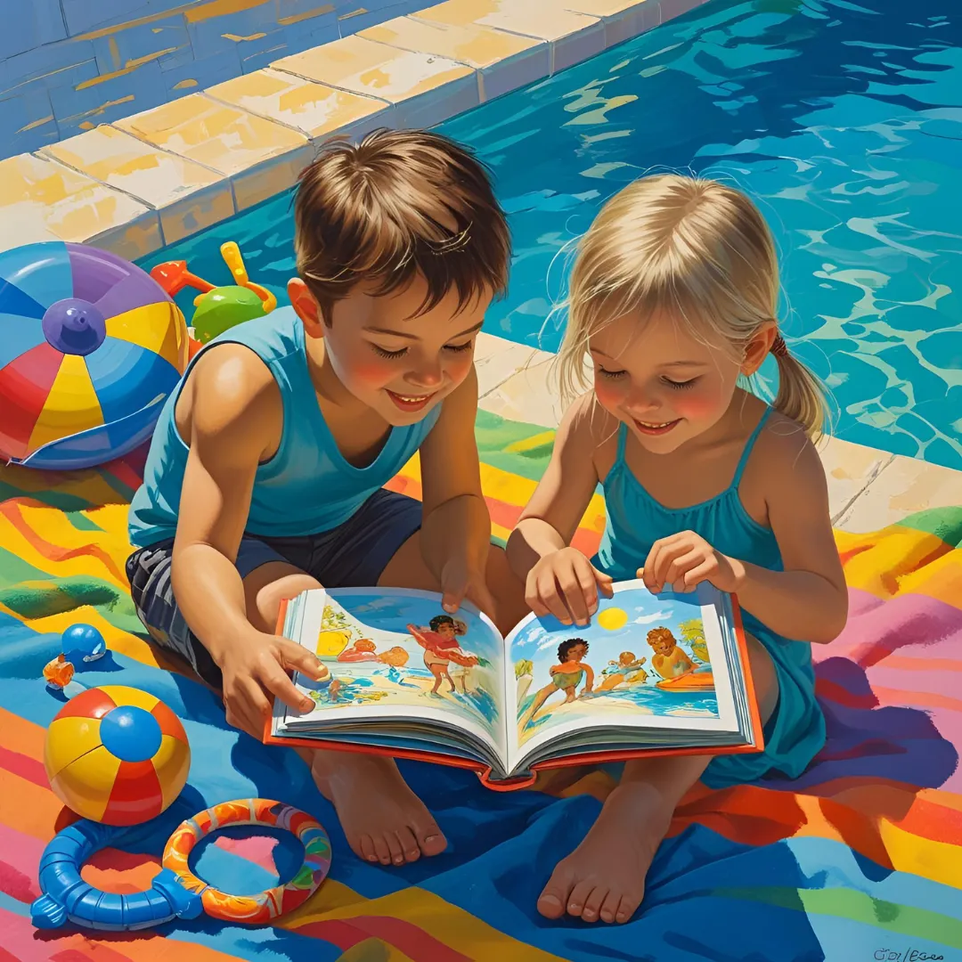 kids reading a book during summer pool day.