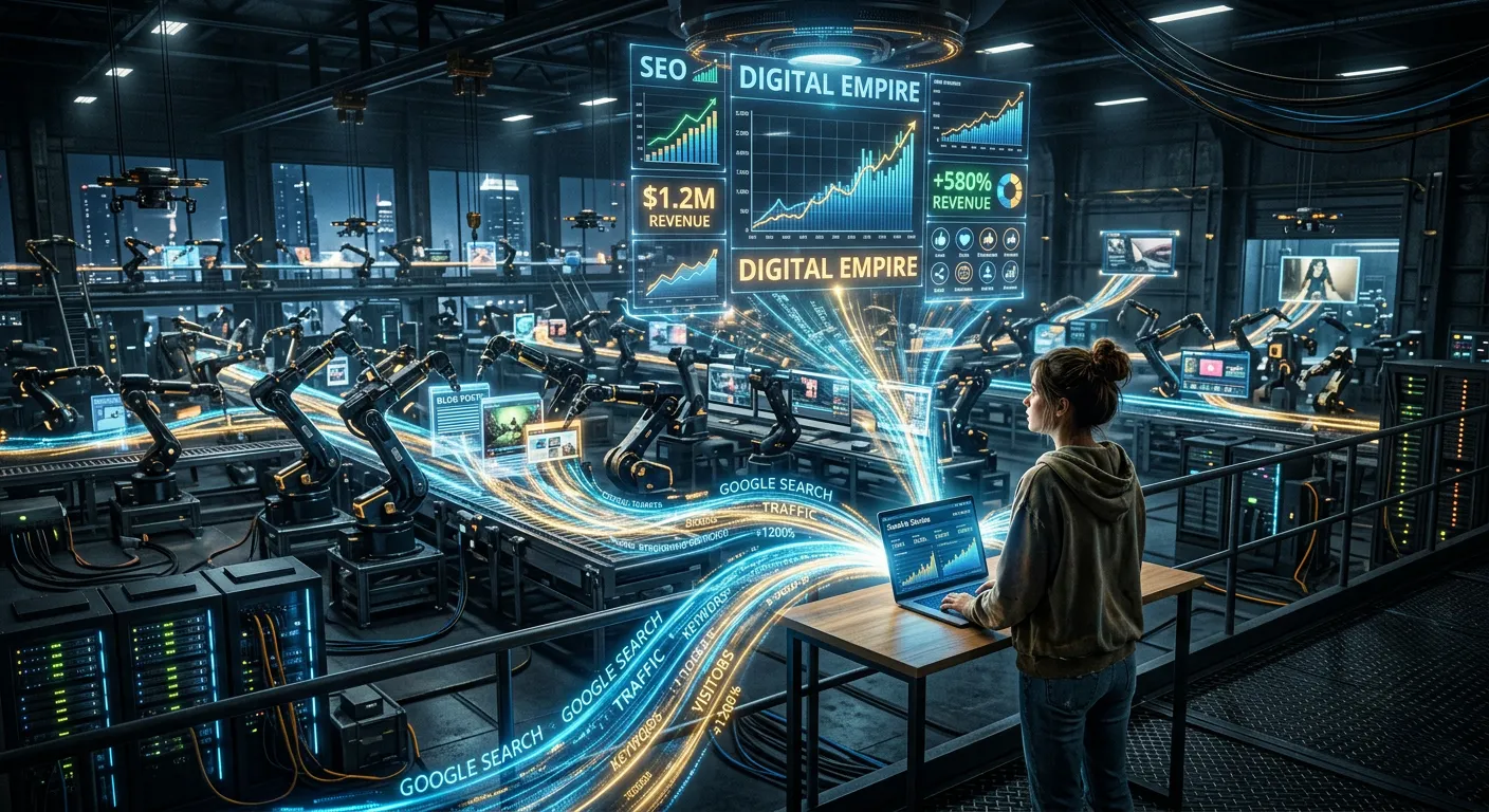 AI-powered content factory generating blog posts, images, videos, and affiliate pages with Google traffic flowing like glowing rivers into creator's laptop