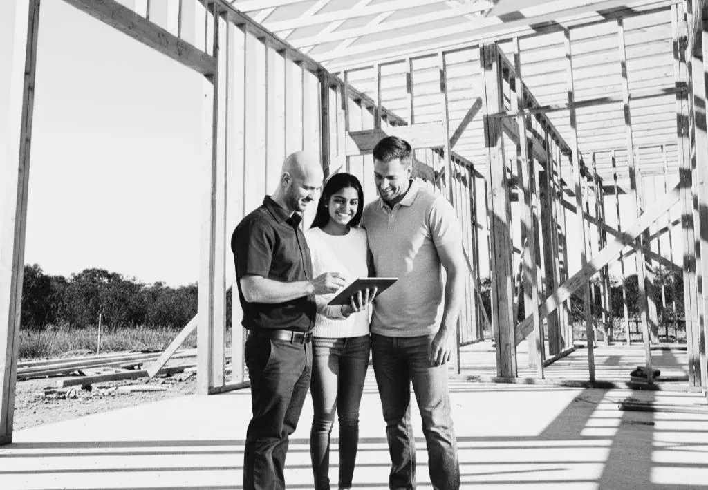 Building consultant and couple at new home build under construction. Couple looks happy as consultant shows them something on a tablet.