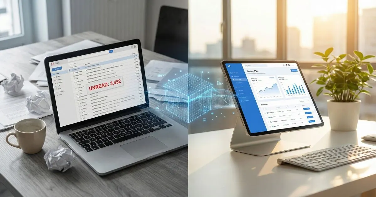 A chaotic desk versus a clean workspace, illustrating the efficiency of using ai prompts for coaches.