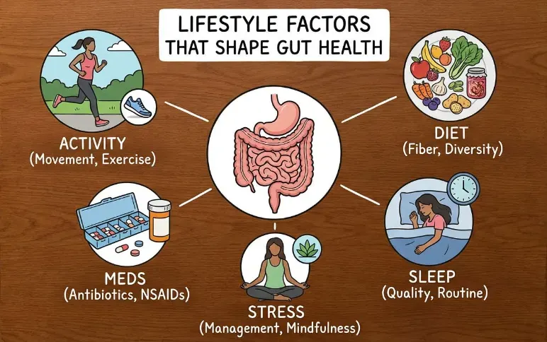 Lifestyle factors shaping gut health (diet, sleep, stress, meds, activity)