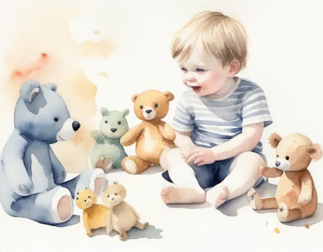 A young child telling a story to enthralled stuffed animals