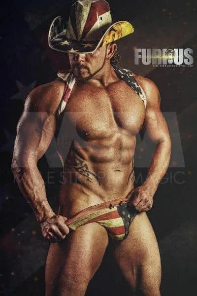 Rugged Male Stripper in Red, White, and Blue Cowboy Hat and American Flag Thong