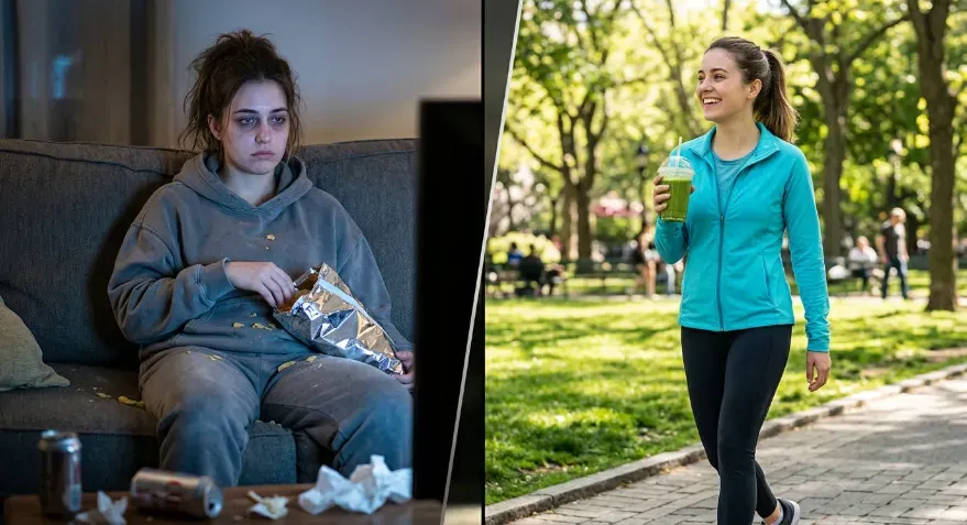 split image. One side, a person is sitting on a couch, looking sad and disheveled, illuminated by a glow of television, eating a bag of potato chips. The other side of the image, the same person is smiling and happy and walking in a park in the sunshine holding a green smoothie.