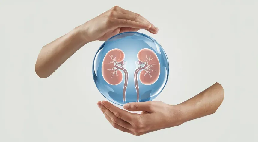 an image showing a person holding their hands in a protective gesture around an illustration of kidneys. The kidneys are displayed within a translucent blue orb, positioned over the lower abdomen area, symbolizing care and protection for kidney health. 