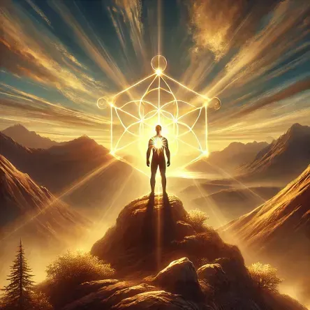 A symbolic digital painting of a man standing on a golden mountaintop at sunrise with light radiating from his chest, representing sovereignty, intuition, and spiritual leadership