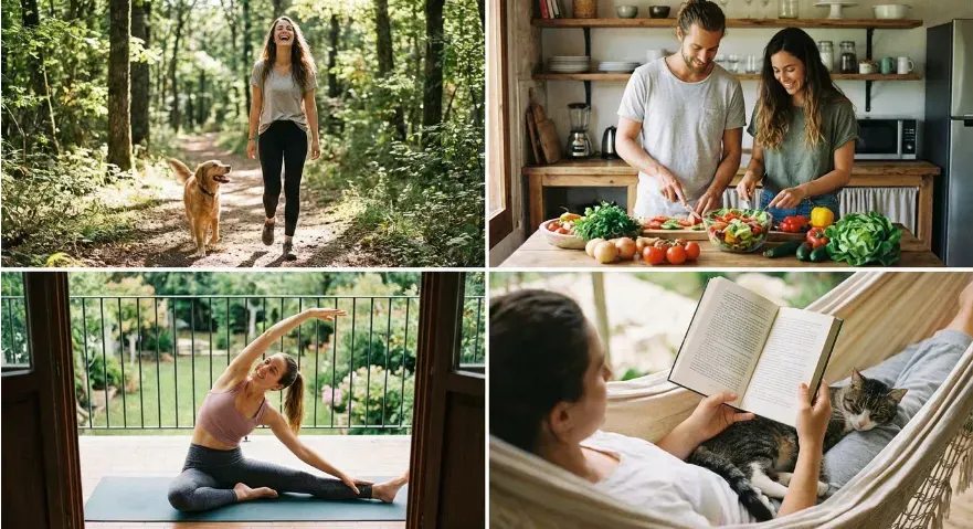 Lifestyle image showing simple actions such as walking, preparing healthy meals, stretching, and relaxing.