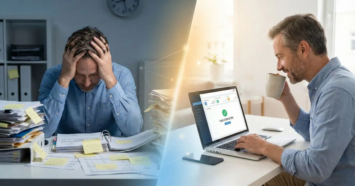 Comparison of a stressed entrepreneur versus a relaxed business owner using AI for beginners tools to save time.