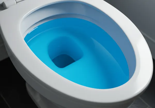 Toilet bowl with bright blue water, symbolising the visible effect of Methylene Blu