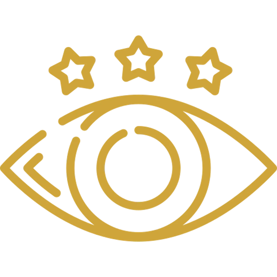 White and gold icon of an eye with three stars above it