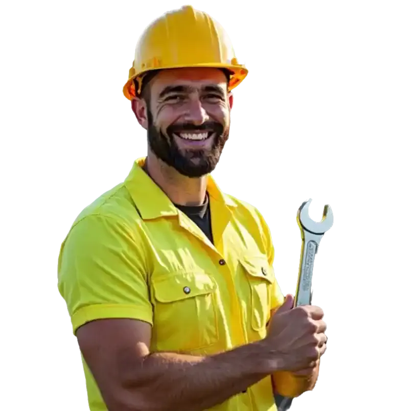 A happy man wearing PPE and holding a spanner