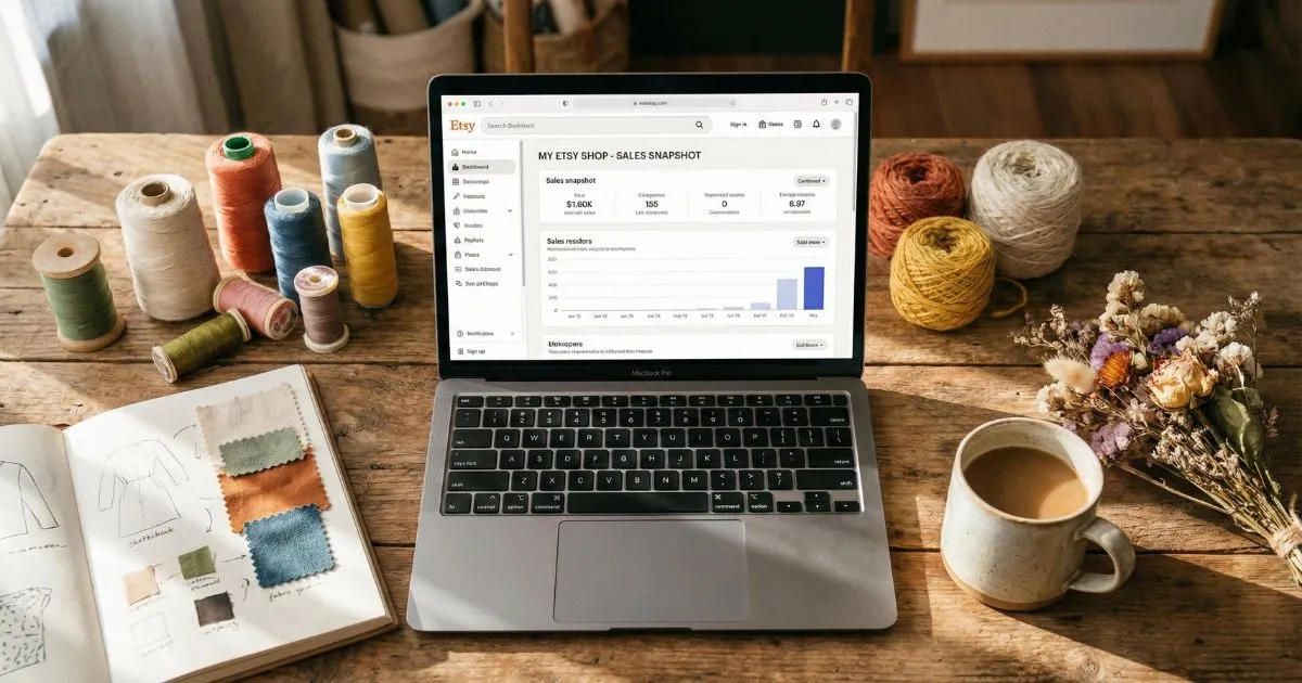 Laptop on a desk surrounded by craft supplies, representing etsy ai tools for creators.