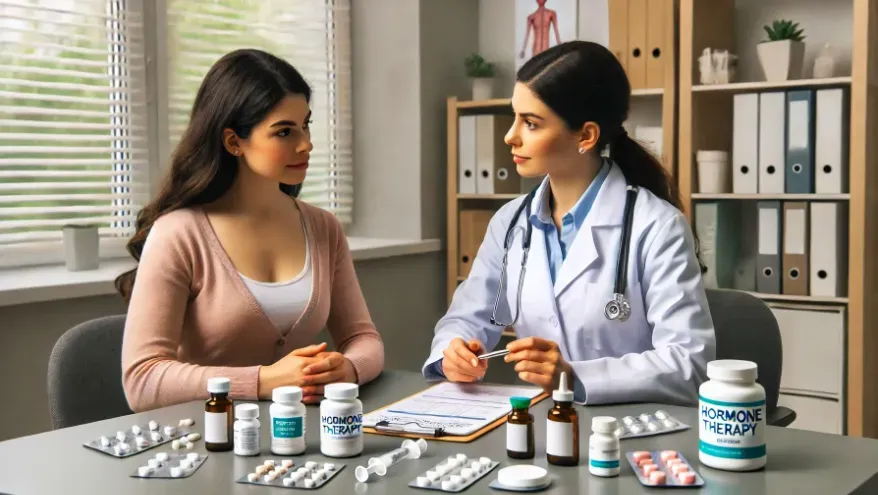 A doctor in her office with a menopause aged Latina woman displaying hormone therapy options, like pills, syringes/shots, and arm patches