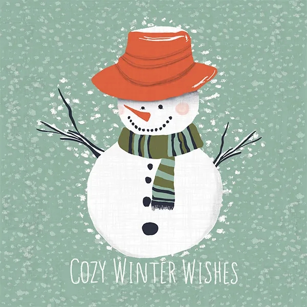 Snowman wearing vermilion red hat on vintage seafoam green background