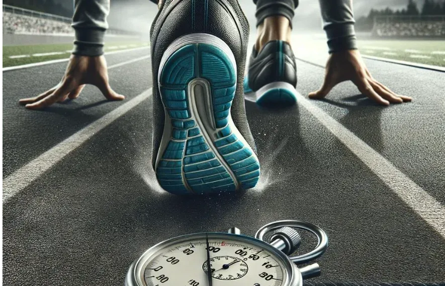 Illustration of a man getting ready to sprint with a stopwatch nearby.