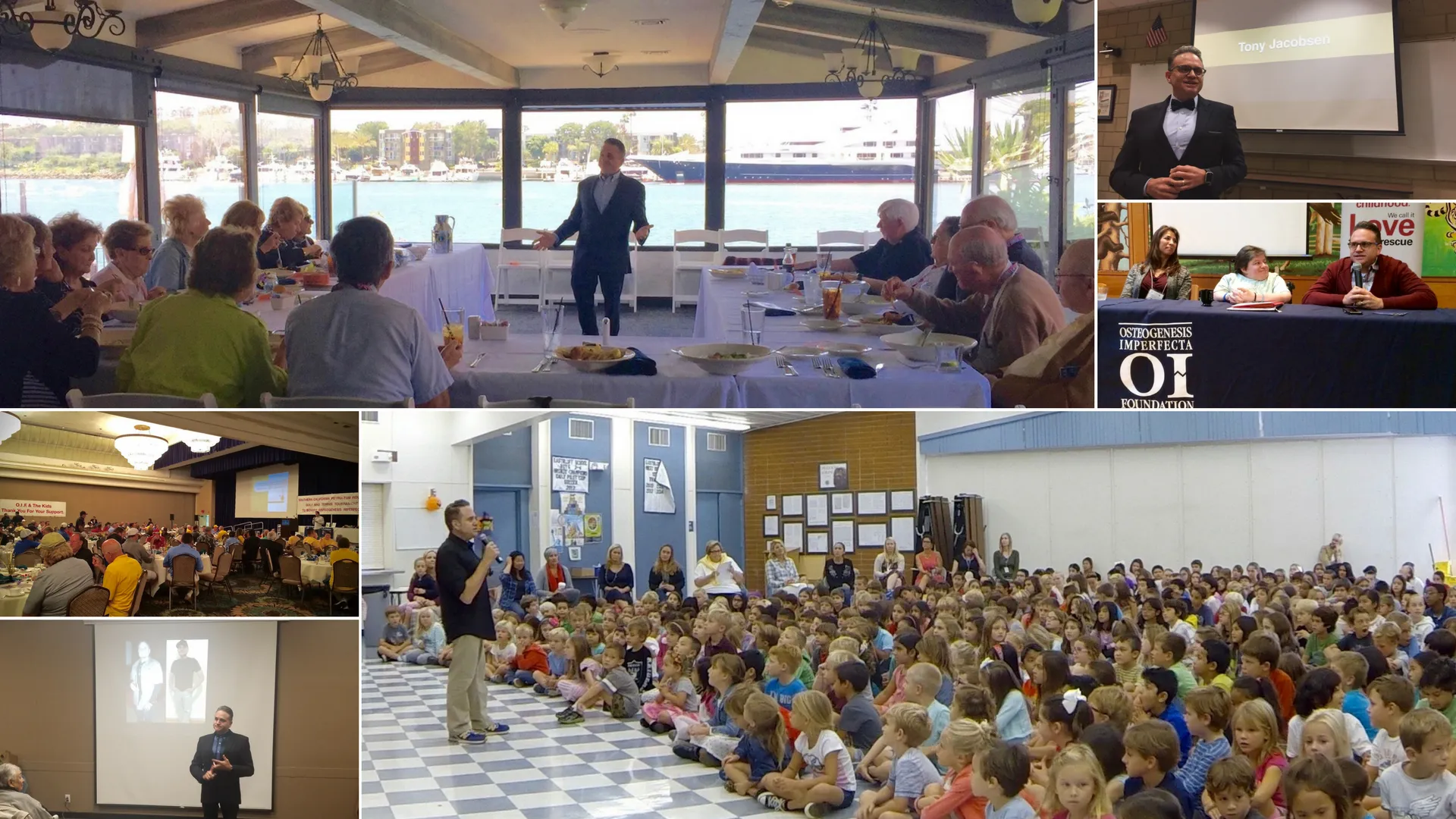 A collage of pictures of Tony Jacobsen speaking in front of various audiences