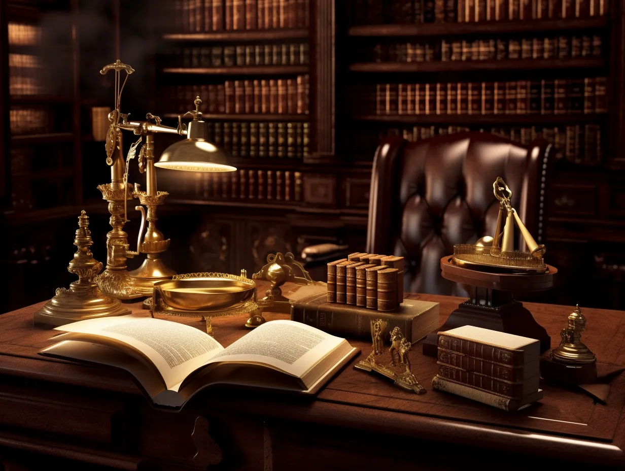 A Traditional Lawyer's Desk with book and emlems on desk with books in the background