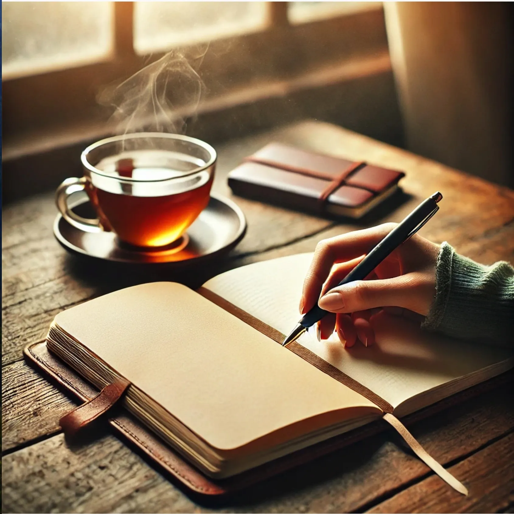 A journal with a pen and a cup of tea on a table, encouraging journaling for reflection and practicing surrender in life.