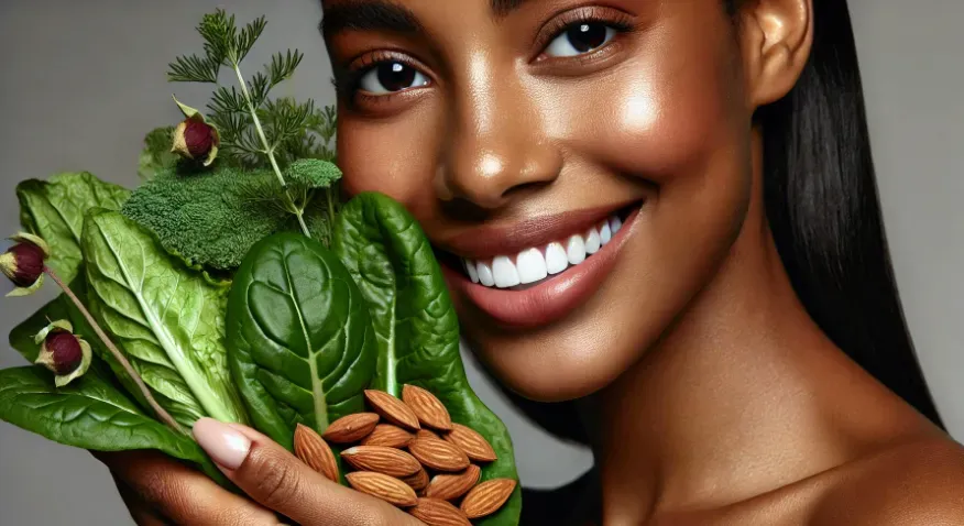 close-up image of a smiling Trinidadian woman emphasizing clear, youthful skin, holding a handful of almonds and a bunch of leafy greens. 