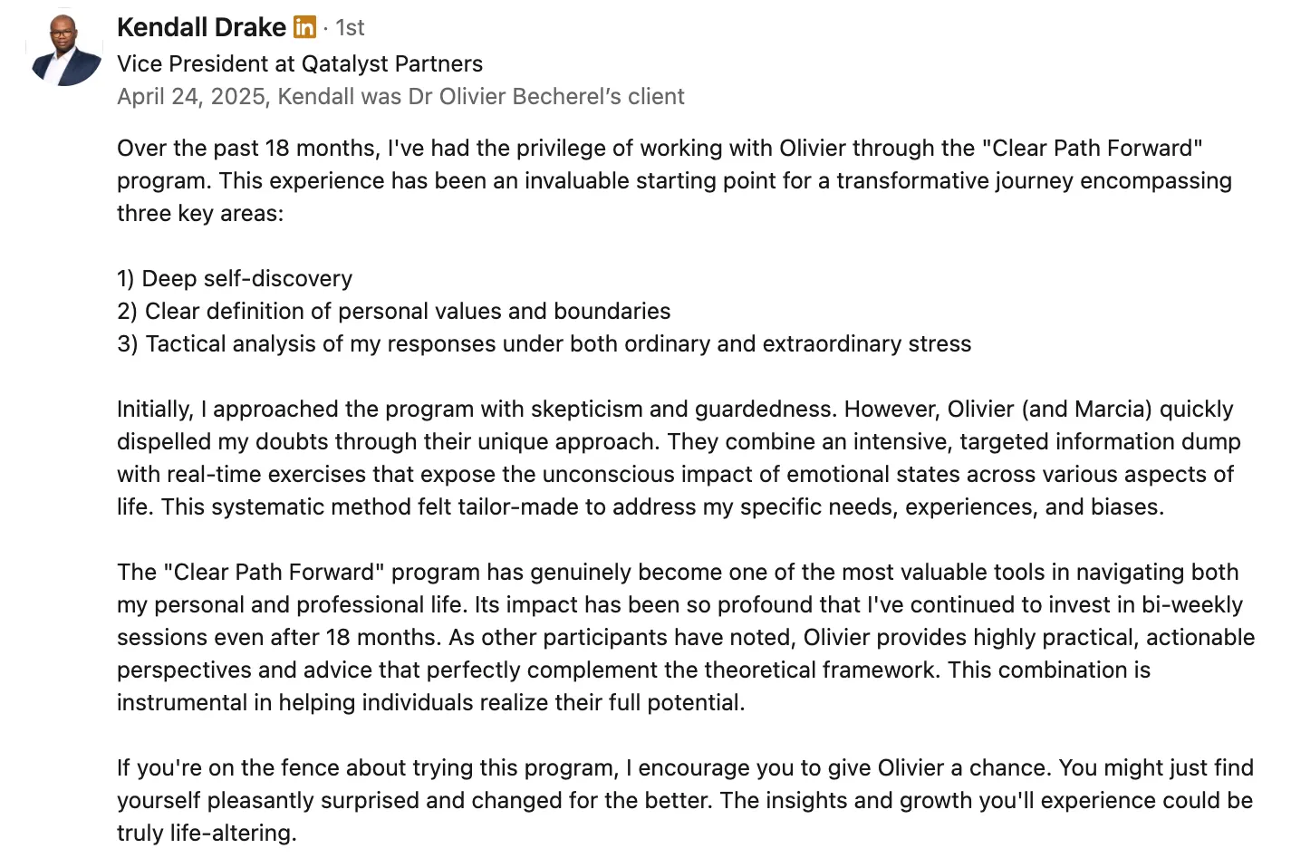 Kendall Testimonial for Clear Path Forward