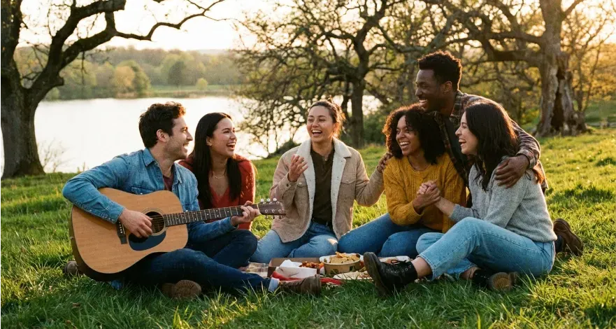 Group of friends sharing a positive moment outdoors representing the role of relationships in well-being.