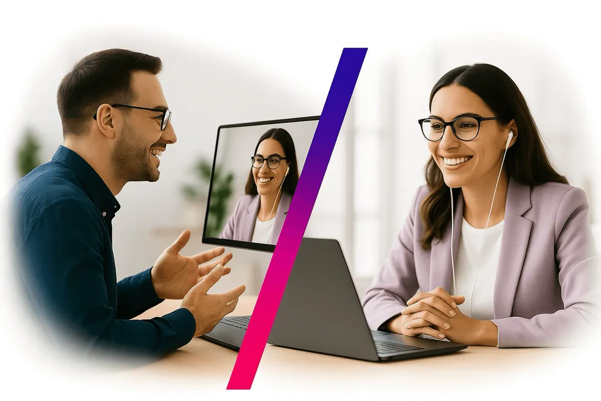 <alt=“Professional one-on-one virtual meeting showing seamless client collaboration and teamwork, representing maxCEOS Digital's polished, supportive approach to marketing partnerships.”>
