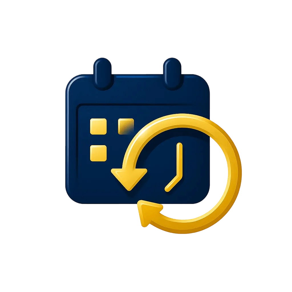 <alt=“Glossy navy blue calendar with a gold rotating arrow symbolizing flexible leasing terms for corporate housing.”>