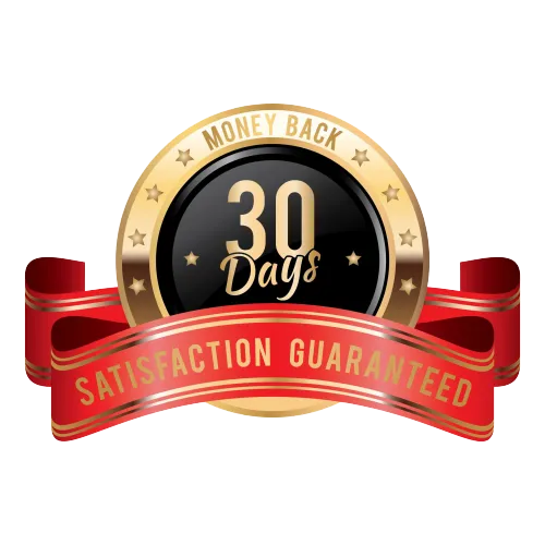 A red ribbon with the words 30 day money back guarantee on the PDF.