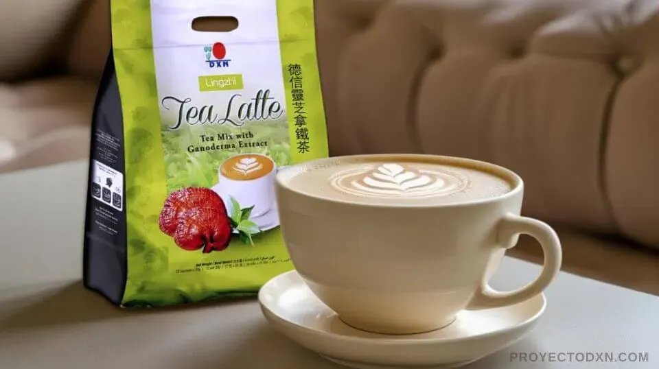 Una taza cremosa y reconfortante de DXN Lingzhi Tea Latte, la bebida saludable con Ganoderma ideal para un momento de relajación.