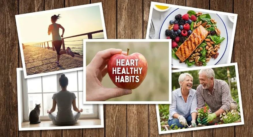 Image collage showing lifestyle habits that support heart health such as exercise, healthy eating, and stress reduction.