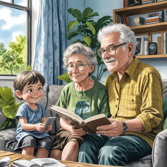 grandparents reading a book to a toddler