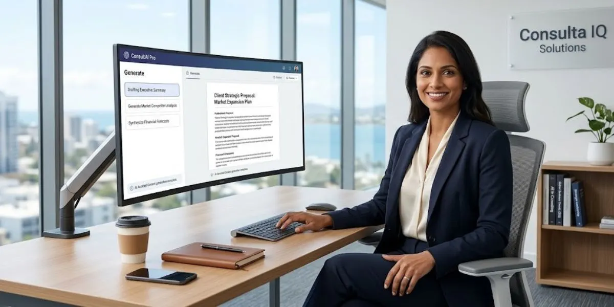 A consultant using document AI business tools to efficiently create a professional client proposal, showcasing the benefits of AI for consulting.
